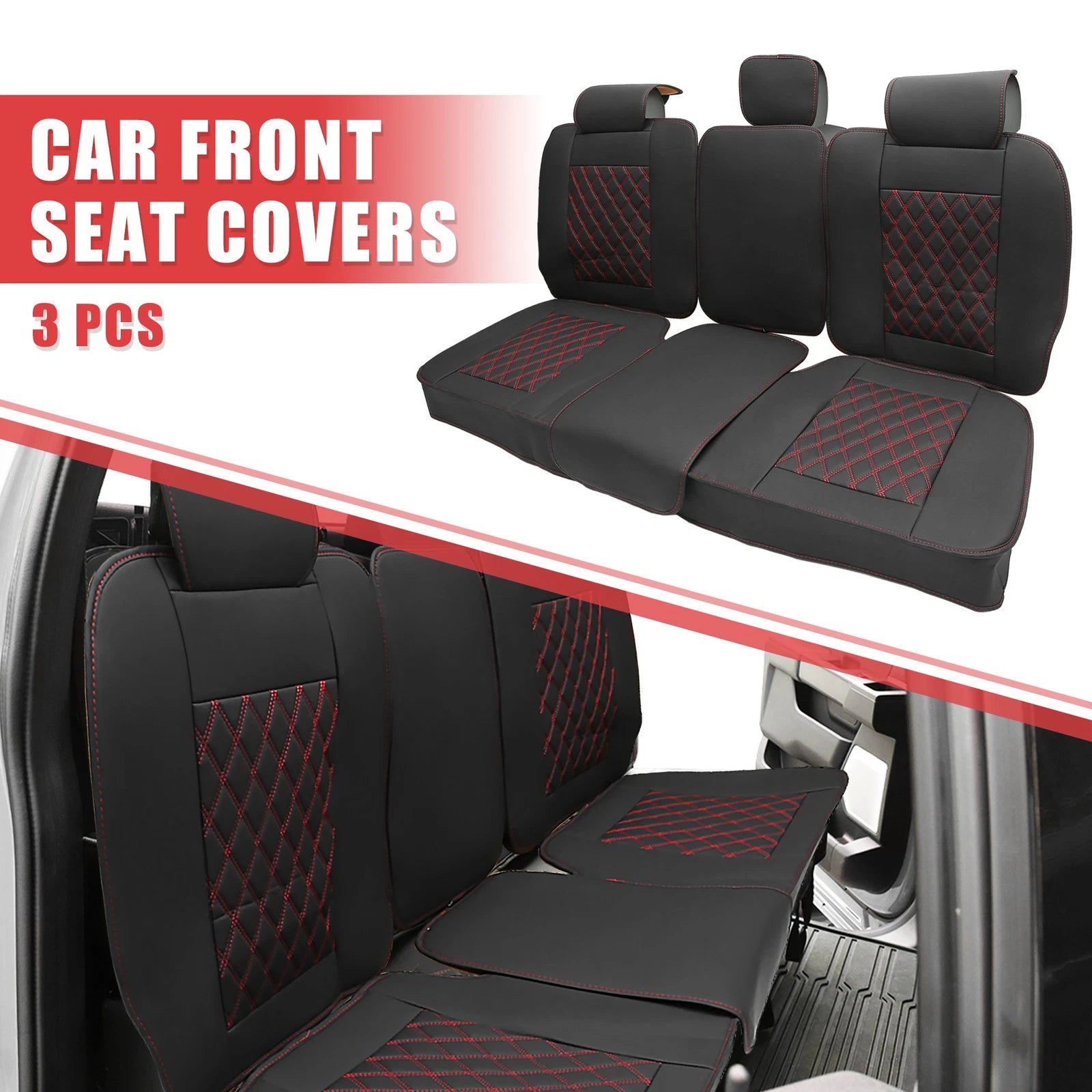 Set of 3 Rear Seat Covers for Dodge Ram  Black Red