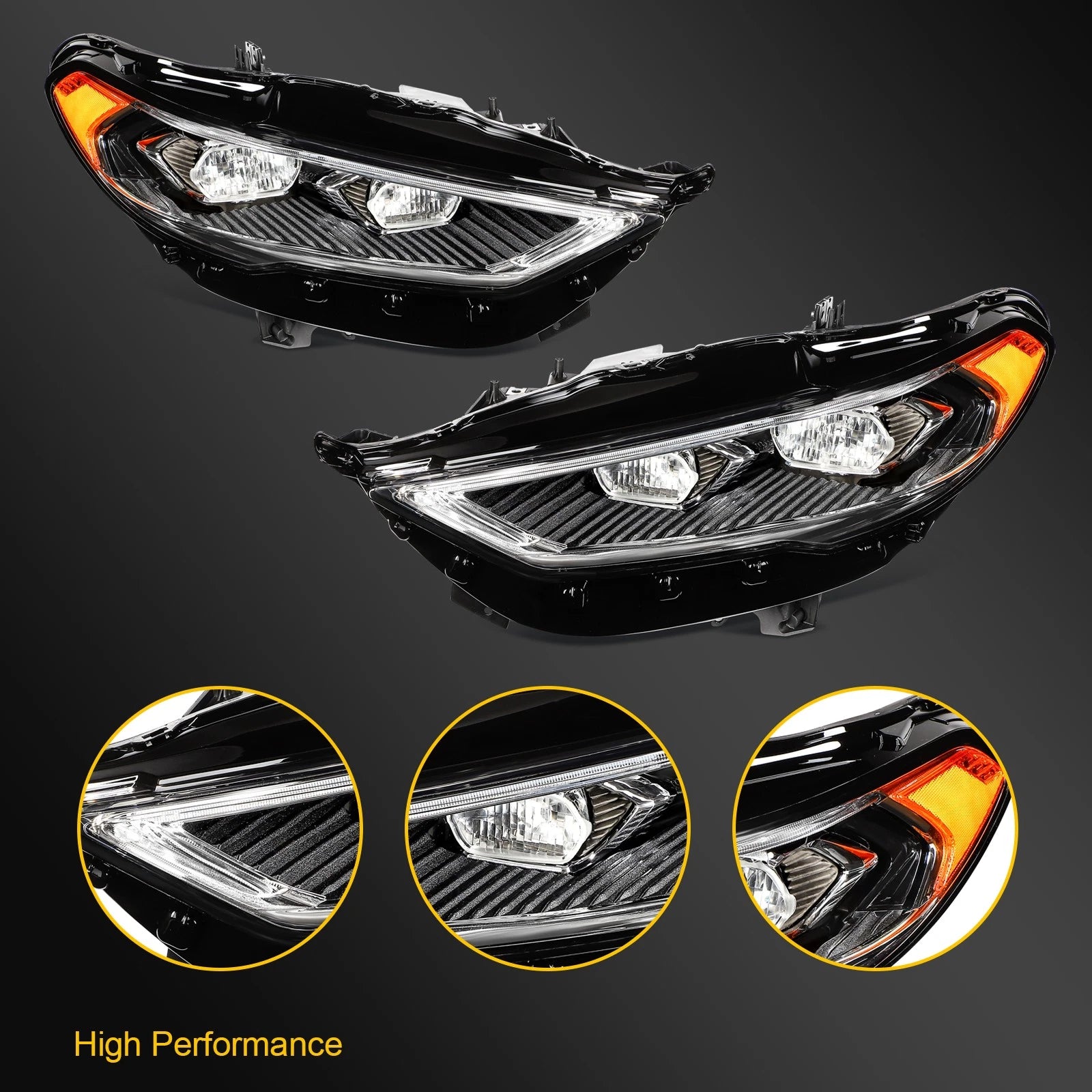 Pair Full LED DRL Headlights for Ford Fusion (2017–2020) Black Projector