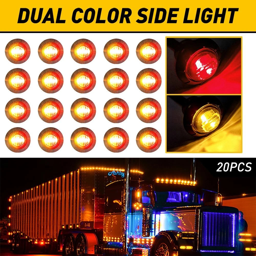 20pcs 12V Dual Marker Truck Lights for Trailer (LED Red-Amber Round 3/4")
