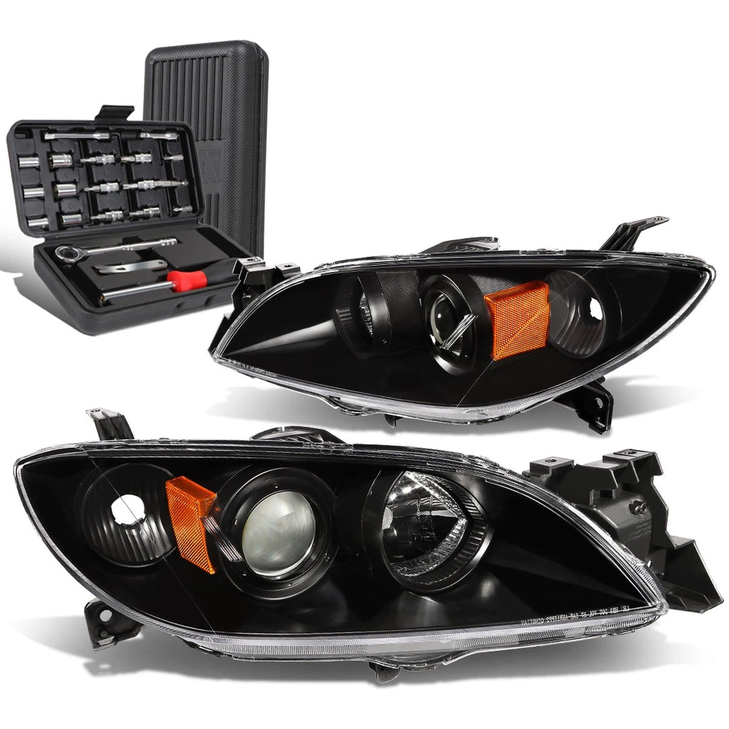 Projector Headlight Lamp Set for Mazda 3 Sedan (2004–2009) Black/Amber