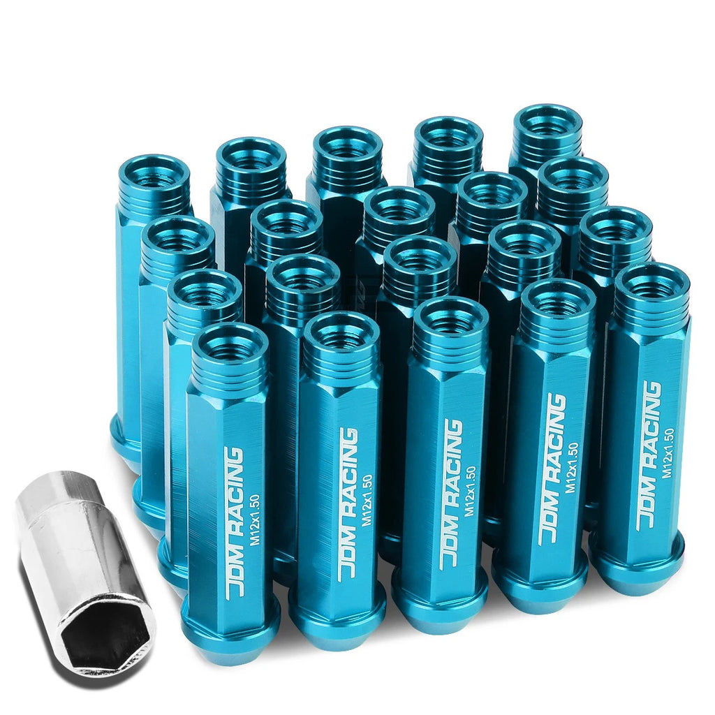 Set of 20 Open End M12x1.5 90mm Tall Sky Blue Aluminum Lug Nuts + Adapter