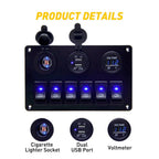6-Gang Waterproof Rocker Switch Panel with Blue LED for Marine Boat