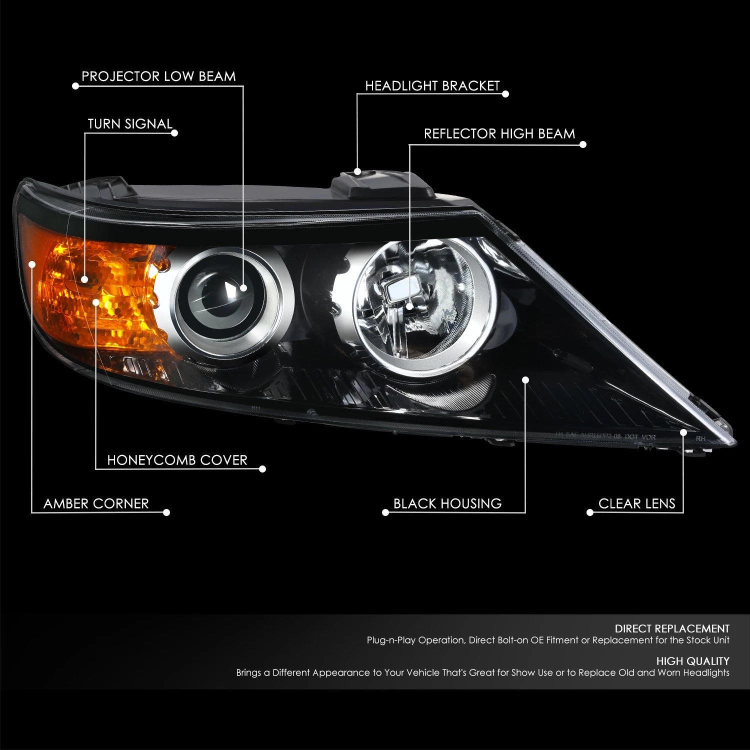 RH Projector Headlight Lamp Assembly for Kia Sorento (2011–2013)