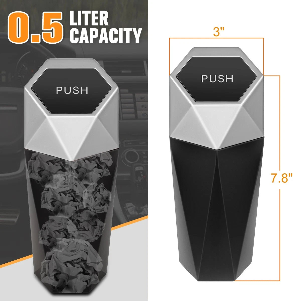 Portable Dustbin Trash Can for Vehicle (Silver)