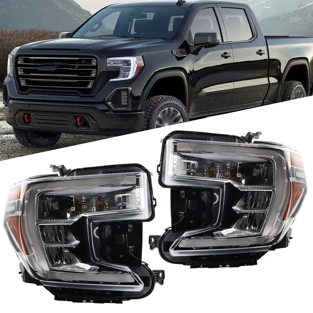 Pair Headlights for GMC Sierra 1500 (2019–2021) Halogen with DRL Chrome