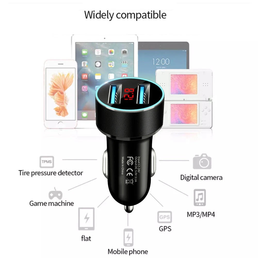 3.1A Dual USB Car Phone Charger for Universal Vehicles (LED Display)