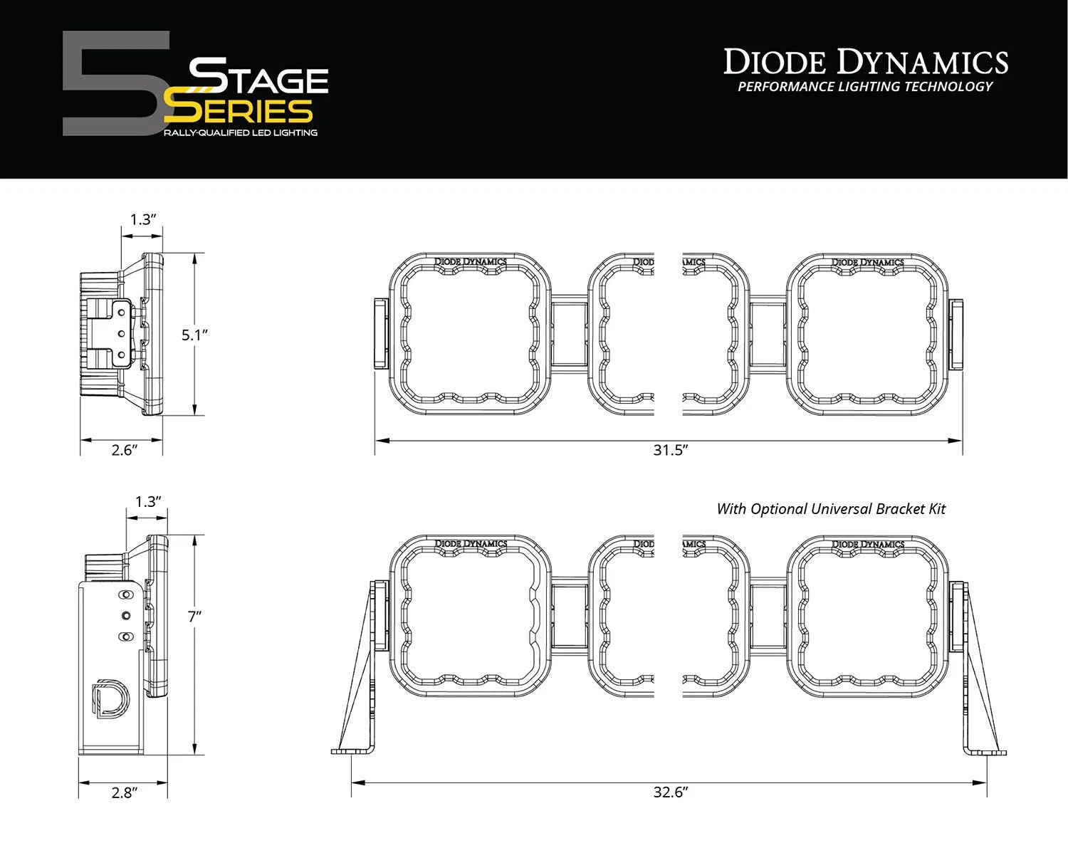 Universal LED Lightbar 5-Pod CrossLink White Combo for Diode Dynamics SS5 Sport (2019–2024)
