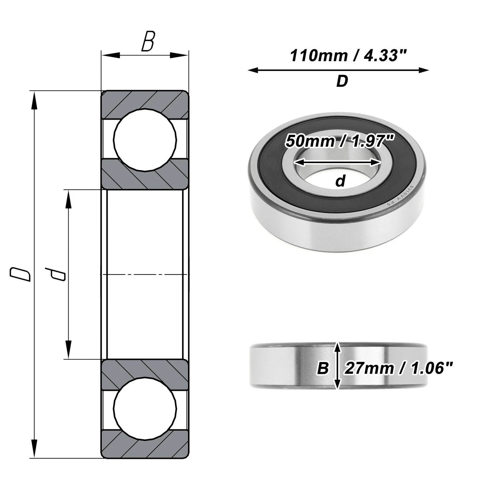 Deep Groove Ball Bearing P5 for Scooter Skateboard Wheel (50x110x27mm)