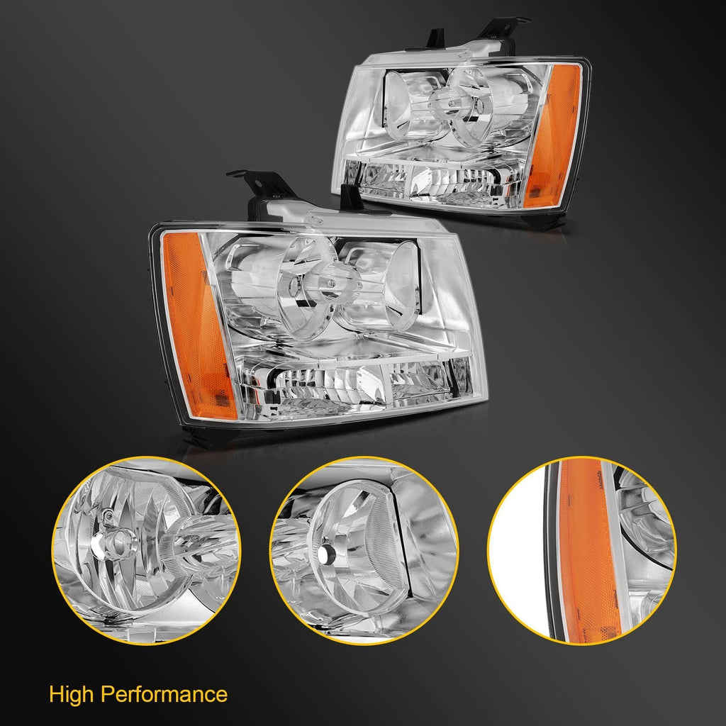 Set of 2 Chrome Headlights for Chevy Avalanche/Suburban/Tahoe (2007–2014)