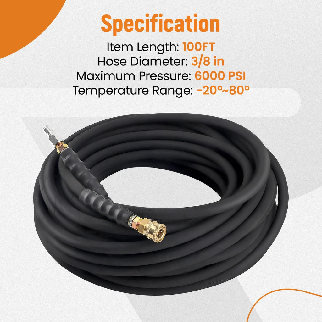 3/8" x 100ft 6000psi Pressure Washer Hose with Quick Connect