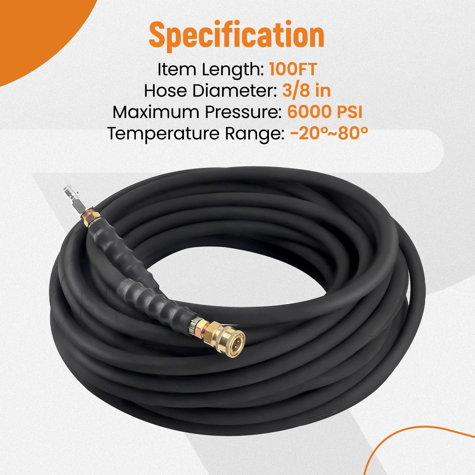 3/8" x 100ft 6000psi Pressure Washer Hose with Quick Connect