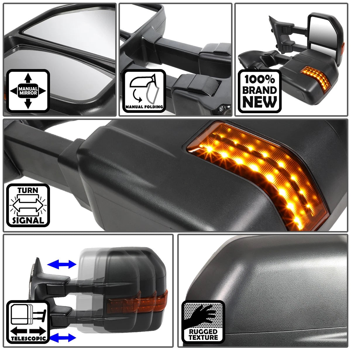 Pair Manual LED Turn Signal Towing Mirrors for Ford F250 F350 (2008–2016)