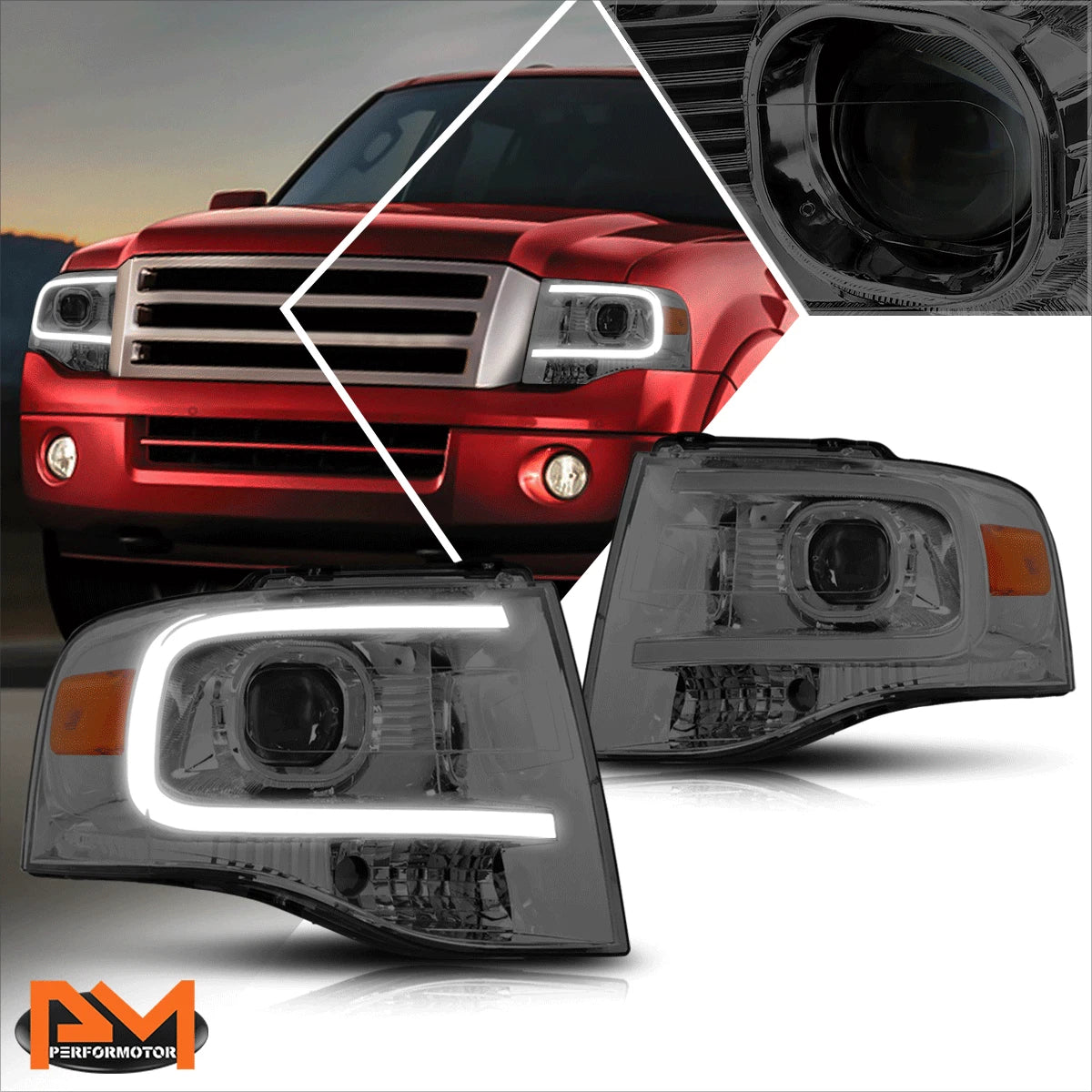 LED DRL Projector Headlight for Ford Expedition (2007–2014) Smoked Lens Amber Corner
