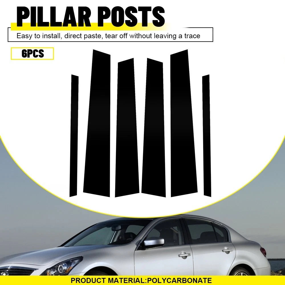 Set of 6 Black Window Pillar Posts Trim Covers for Infiniti G35 G37 (2002–2013)