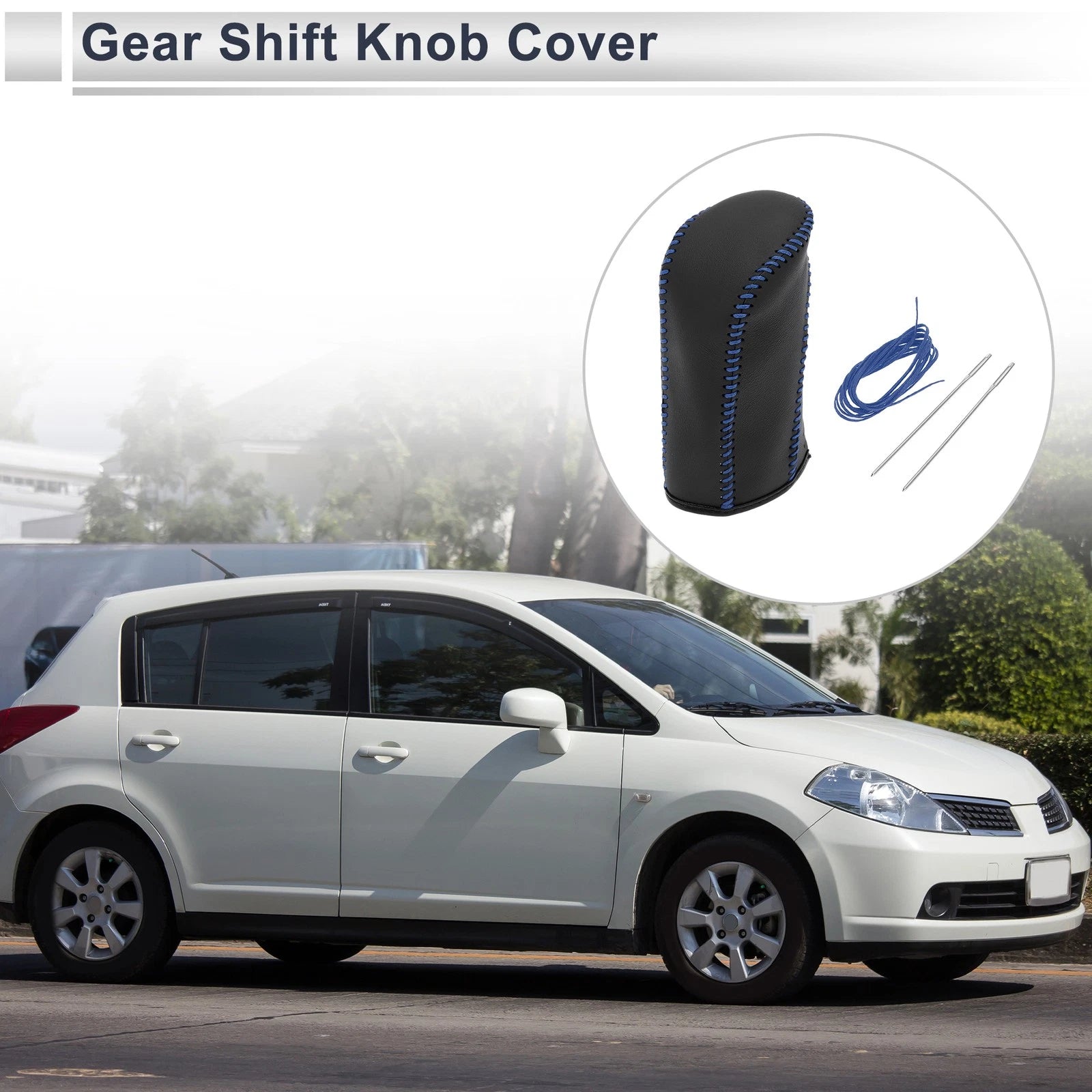Gear Shift Knob Cover for Nissan Tiida (2004–2012) Black Blue Faux Leather
