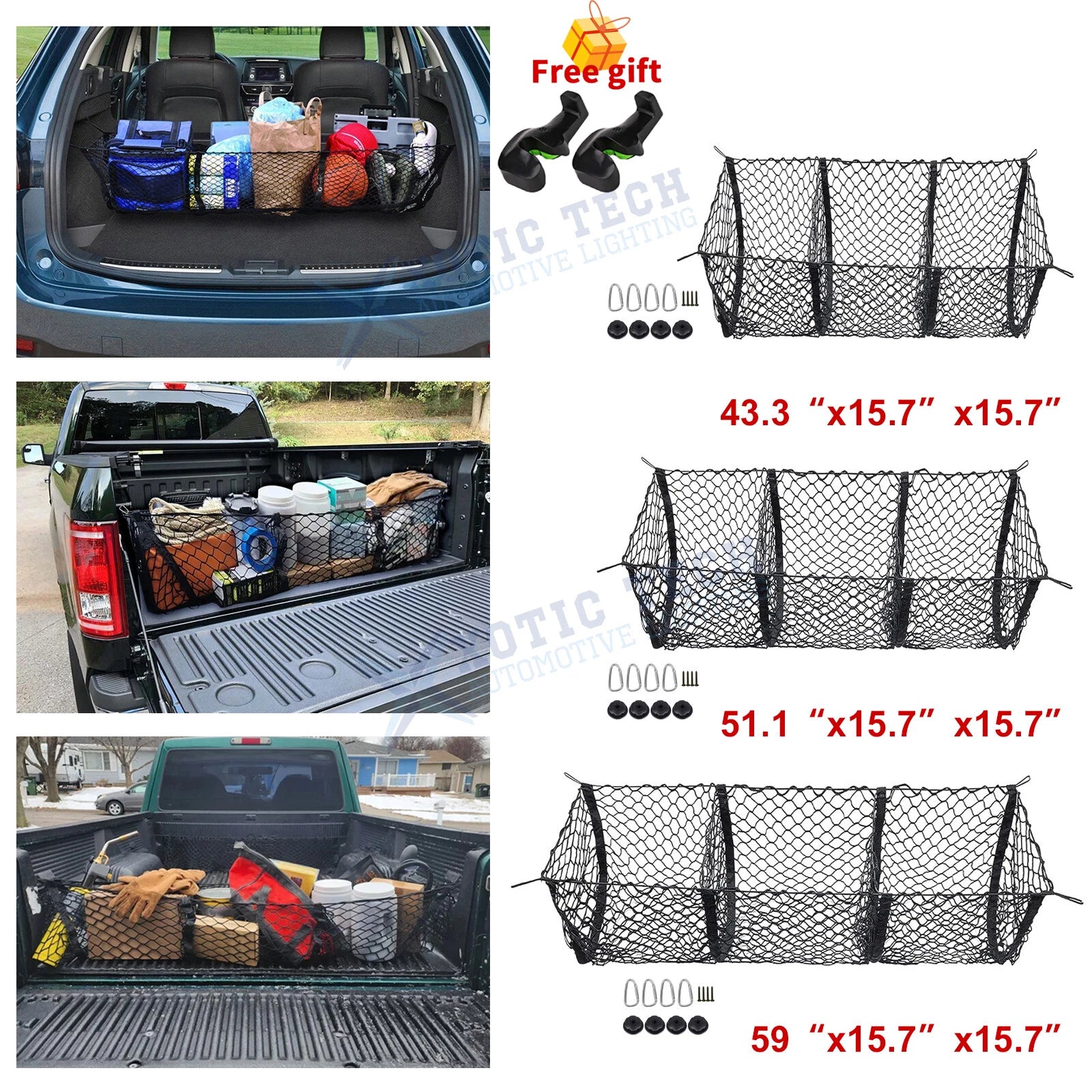 3-Pocket Cargo Net Trunk Bed Organizer for SUV Truck (2015–2025)