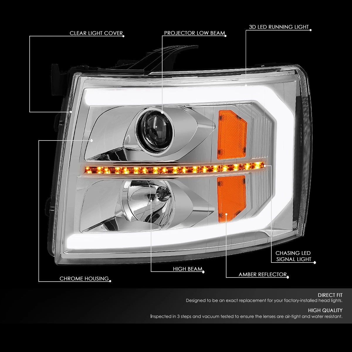 LED DRL Bar Sequential Signal Projector Headlight for Silverado 1500 (2007–2014)