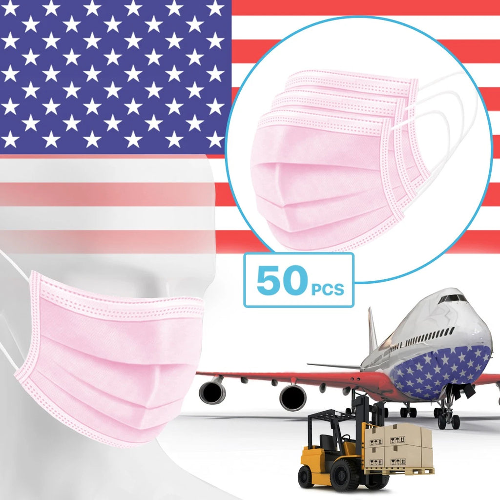 50 Packs - Pink 3-Ply Disposable Face Mask Protective Cover