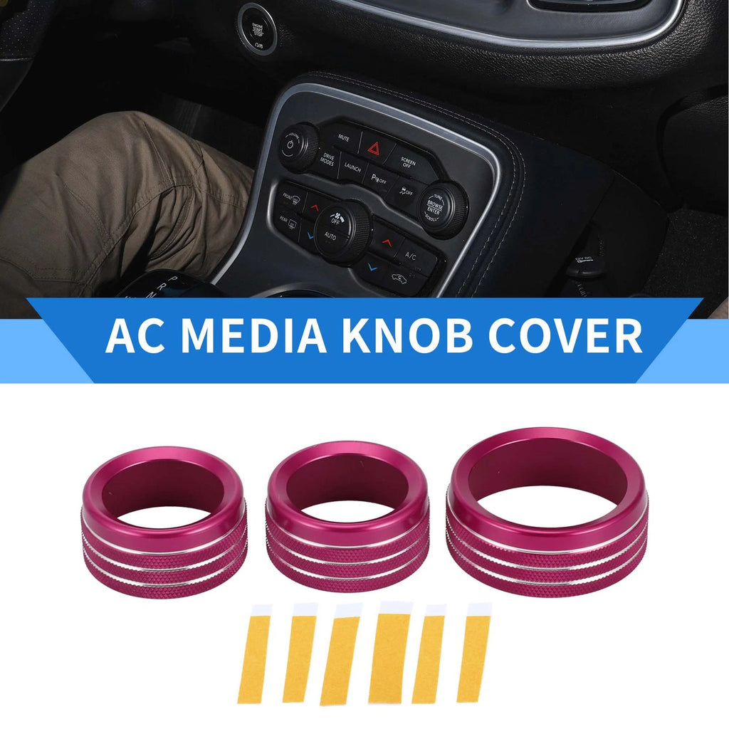 3X AC Media Tune Switch Knob Cover Ring for Dodge Challenger (2015–2019) Rose Red