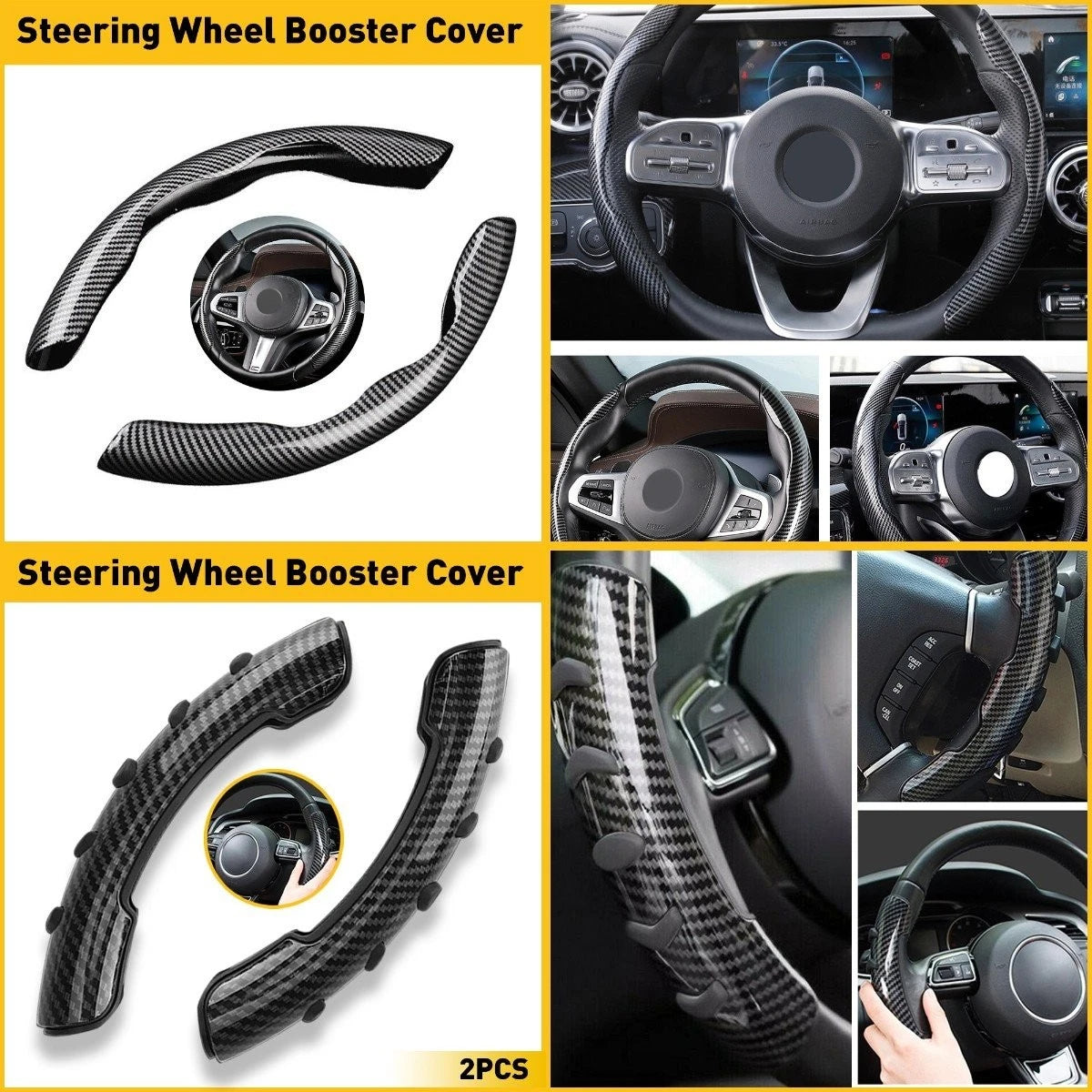 Pair Carbon Fiber Steering Wheel Booster No-Slip Cover for Universal (37-39cm)