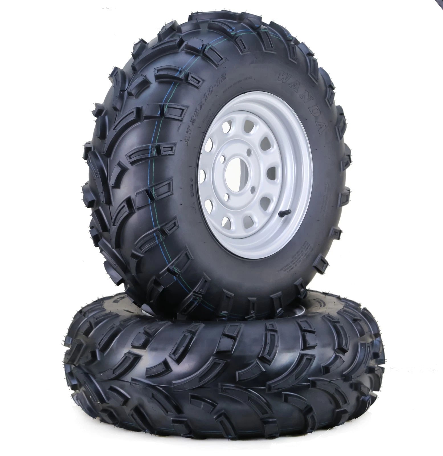 Set of 2 WANDA ATV Tires 25x10-12 8-Ply Mud Sling on 4-156/4+3 Silver Wheel