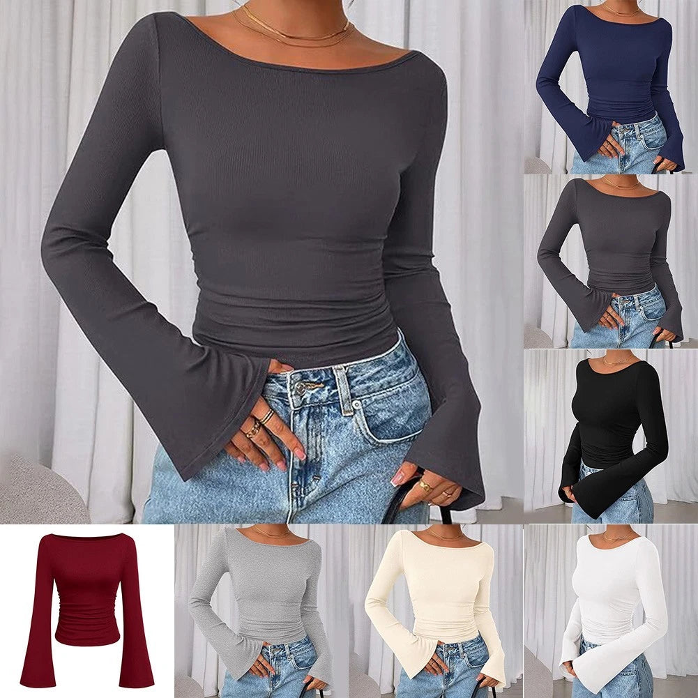 2X Boat Neck Solid Color Tops for Women Slim Fit Long Sleeve Casual Shirt