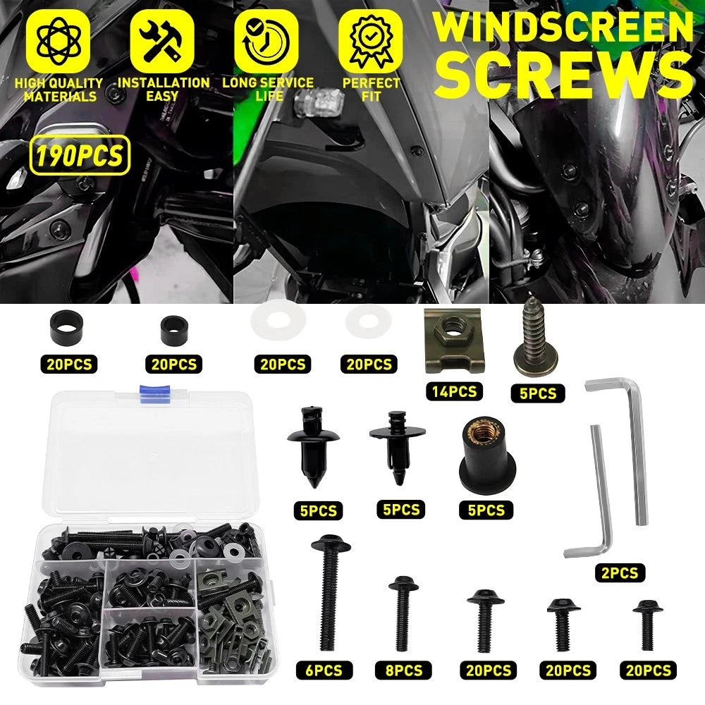 190pcs Black Aluminum Fairing Bolts Kit for Yamaha YZF R1 (1998–2021) YZF R6 (1999–2020)