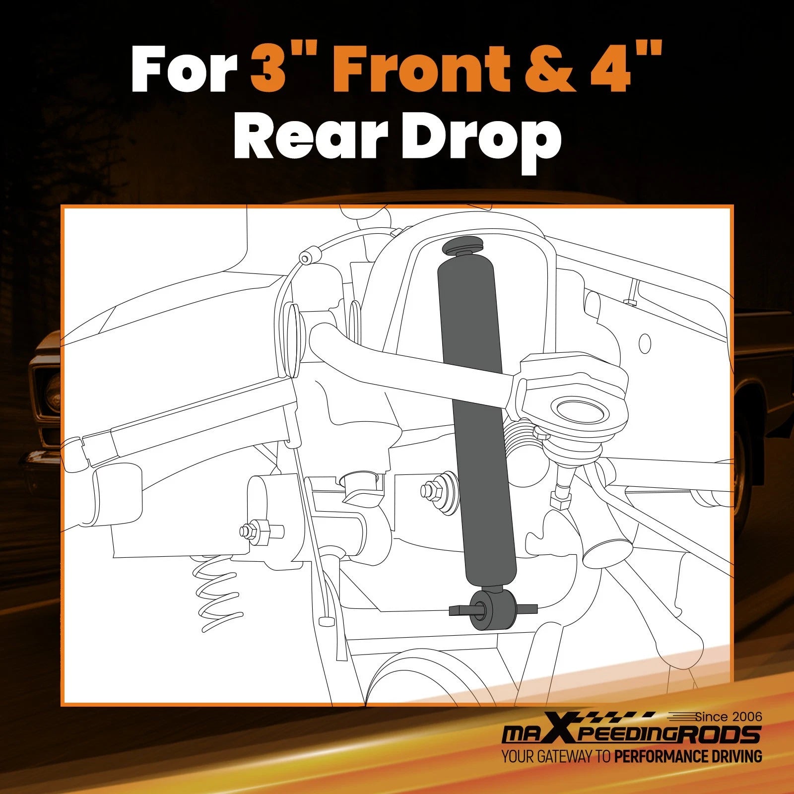 3" Front & 4" Rear Drop System for Ford F100 2WD (1973–1979) Shock Kit