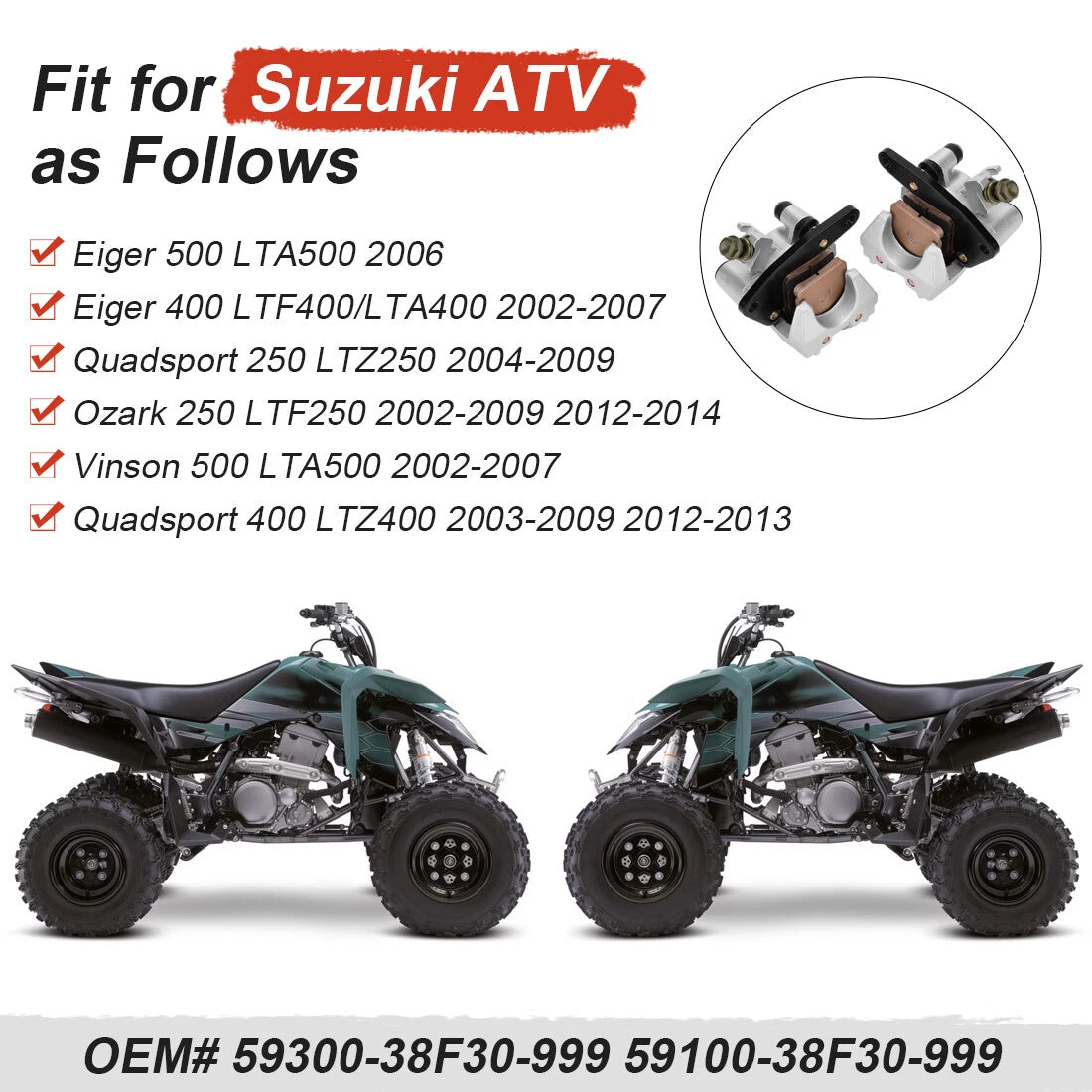 Front Brake Caliper & Pads for Suzuki Vinson 500 (2002–2007) LT-A500F LT-F500F 4x4