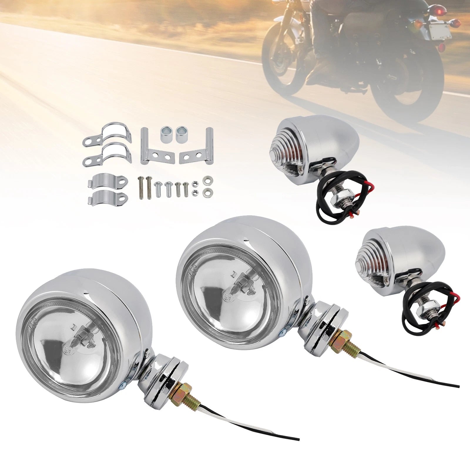 Beam Headlight Fog Lamp for Racer Bobber Chopper (Custom Chrome)