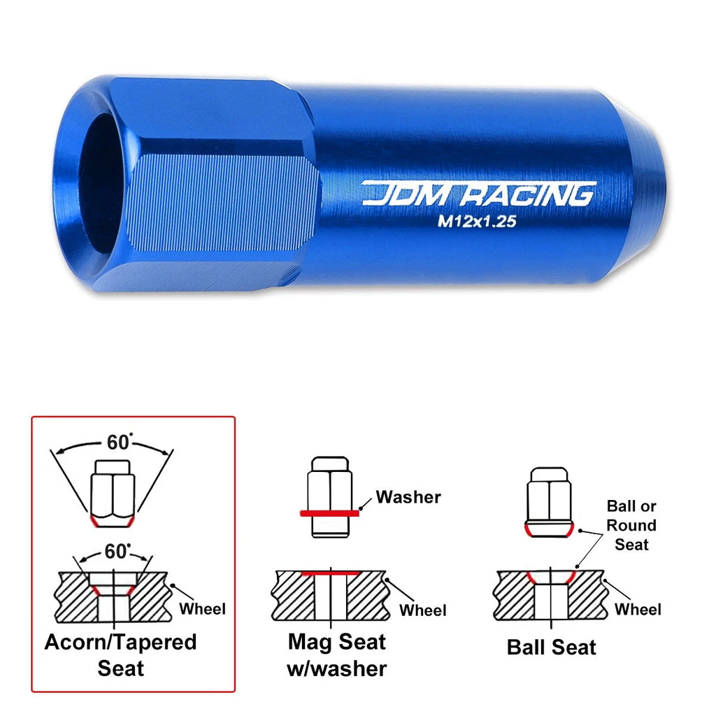 Set of 20 M12X1.25 Blue JDM Open End Aluminum Hex Lug Nuts with Spline Locks