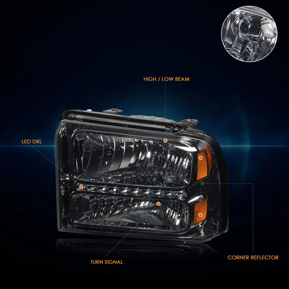 LED DRL Headlight Set for Ford Super Duty (2005–2007) Smoked Housing Amber