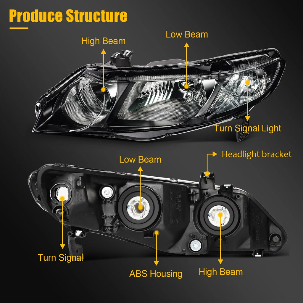 Set of 2 Halogen Headlights for Honda Civic Sedan (2006–2011)