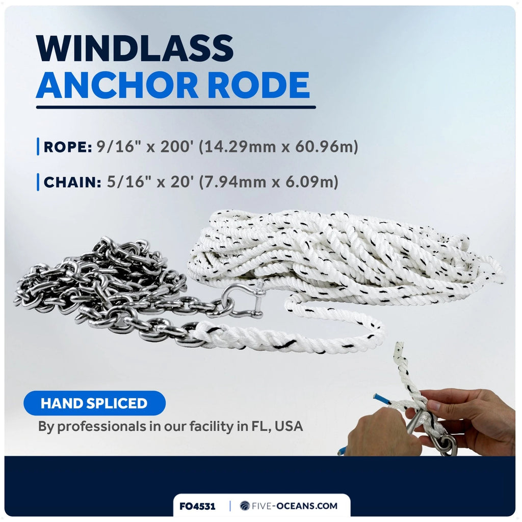 Windlass Anchor Rode 9/16"x200' Rope & 5/16"x20' G4 Chain for Boats