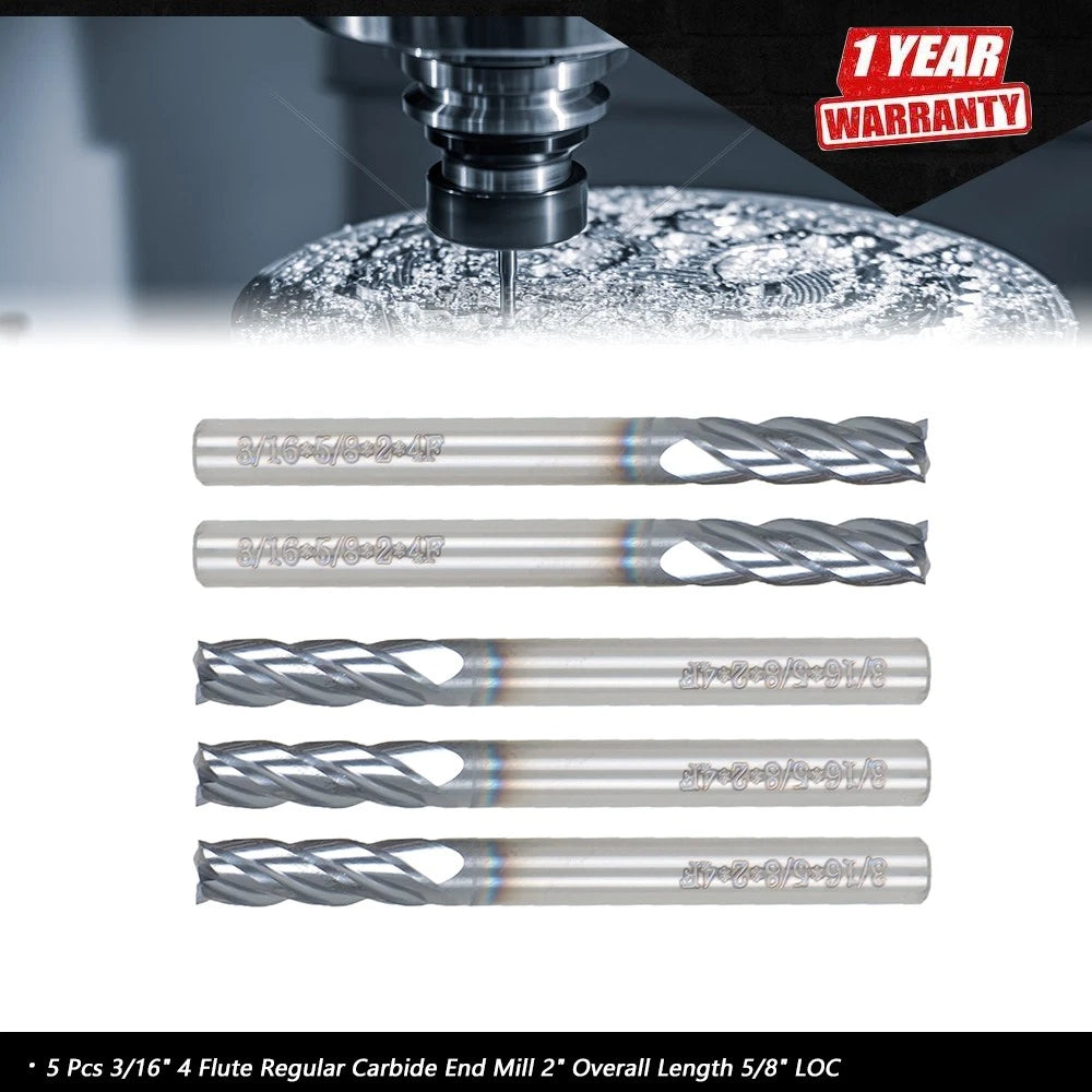 Set of 5 Carbide End Mills for Various Applications (2" Overall Length)