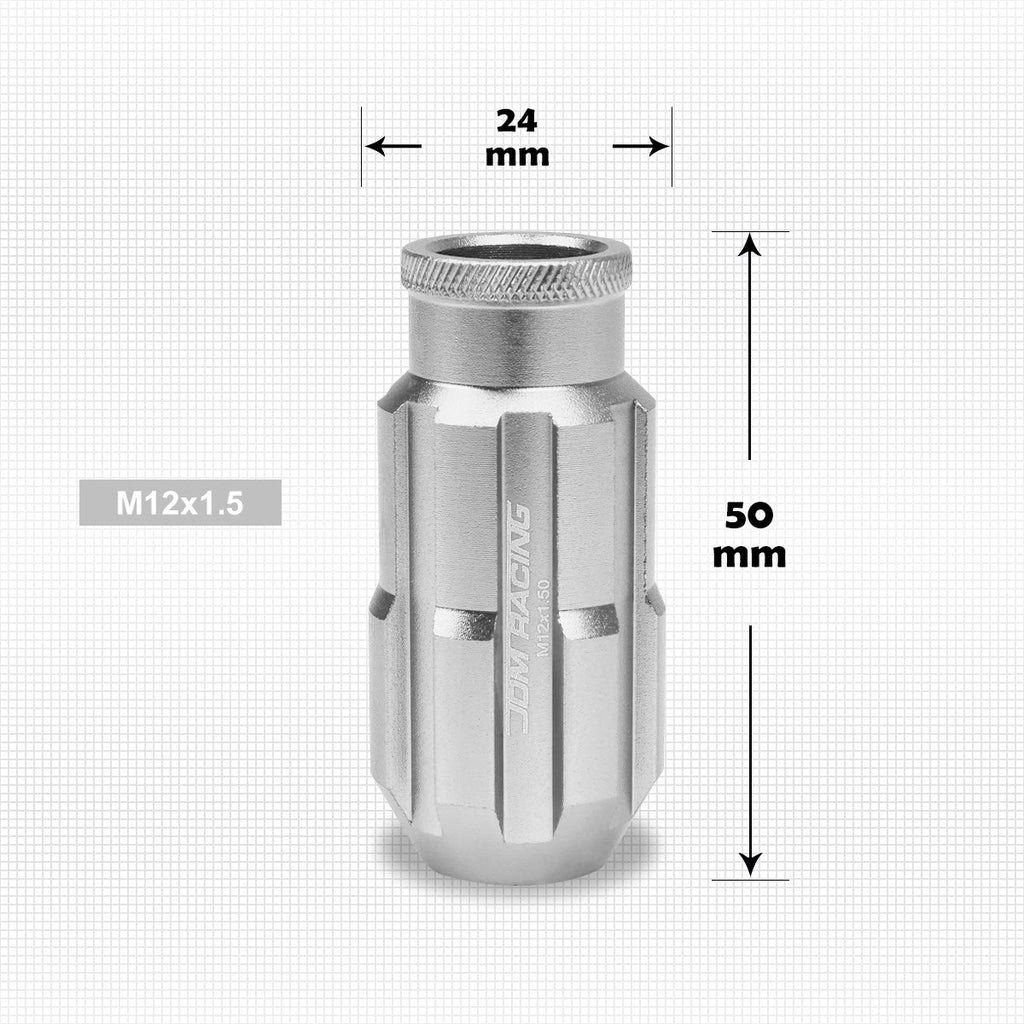 20Pc M12X1.5 Silver JDM Open End Bulge Spline Wheel Lug Nuts + Lock Key