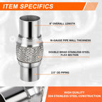 2.5" OD Double Braid Stainless Steel Flex Tube Exhaust Pipe Universal 8"