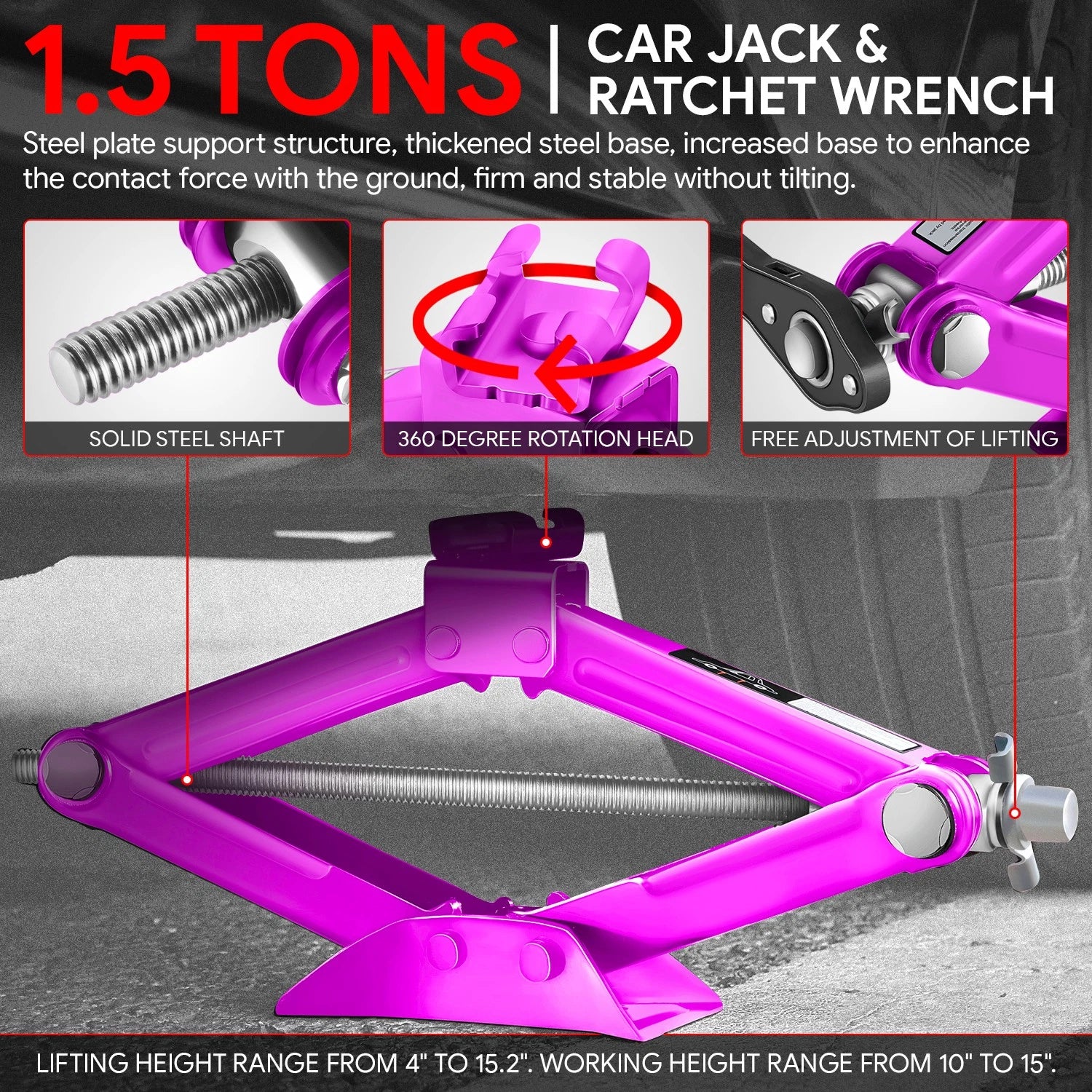 Hydraulic Scissor Jack 10-15in 3306lbs Capacity with Ratchet Wrench