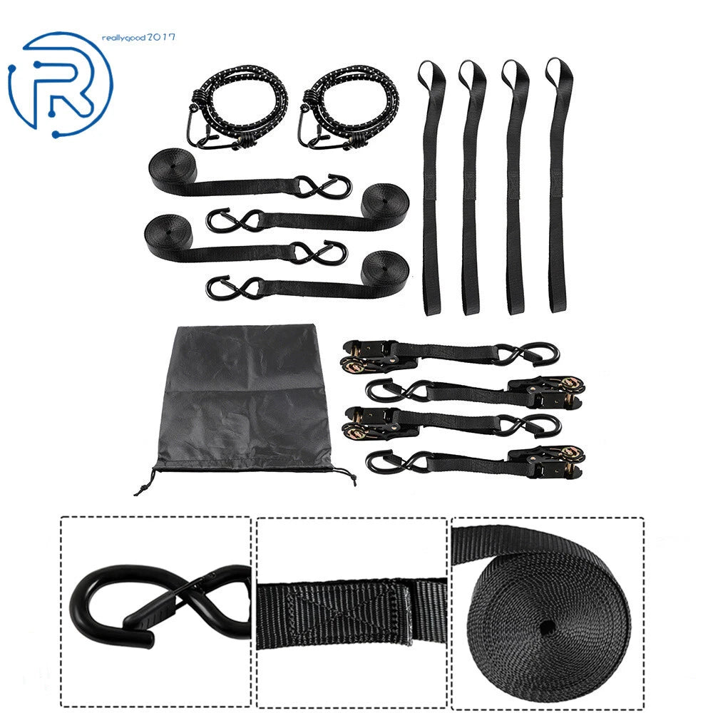 Set of 4 Black Ratchet Straps 2200 LB with Safety Lock S Hooks 15 FT