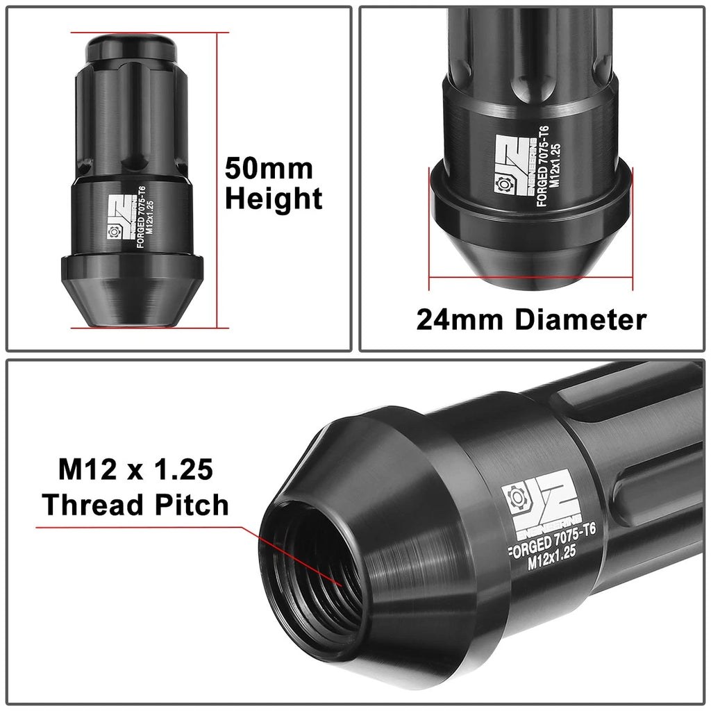 Set of 20 J2 Aluminum Black M12 X1.25 Closed End Lug Nuts 24mm OD 50mm Height