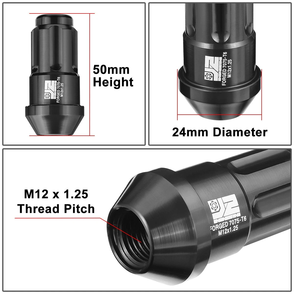Set of 20 J2 Aluminum Black M12 X1.25 Closed End Lug Nuts 24mm OD 50mm Height