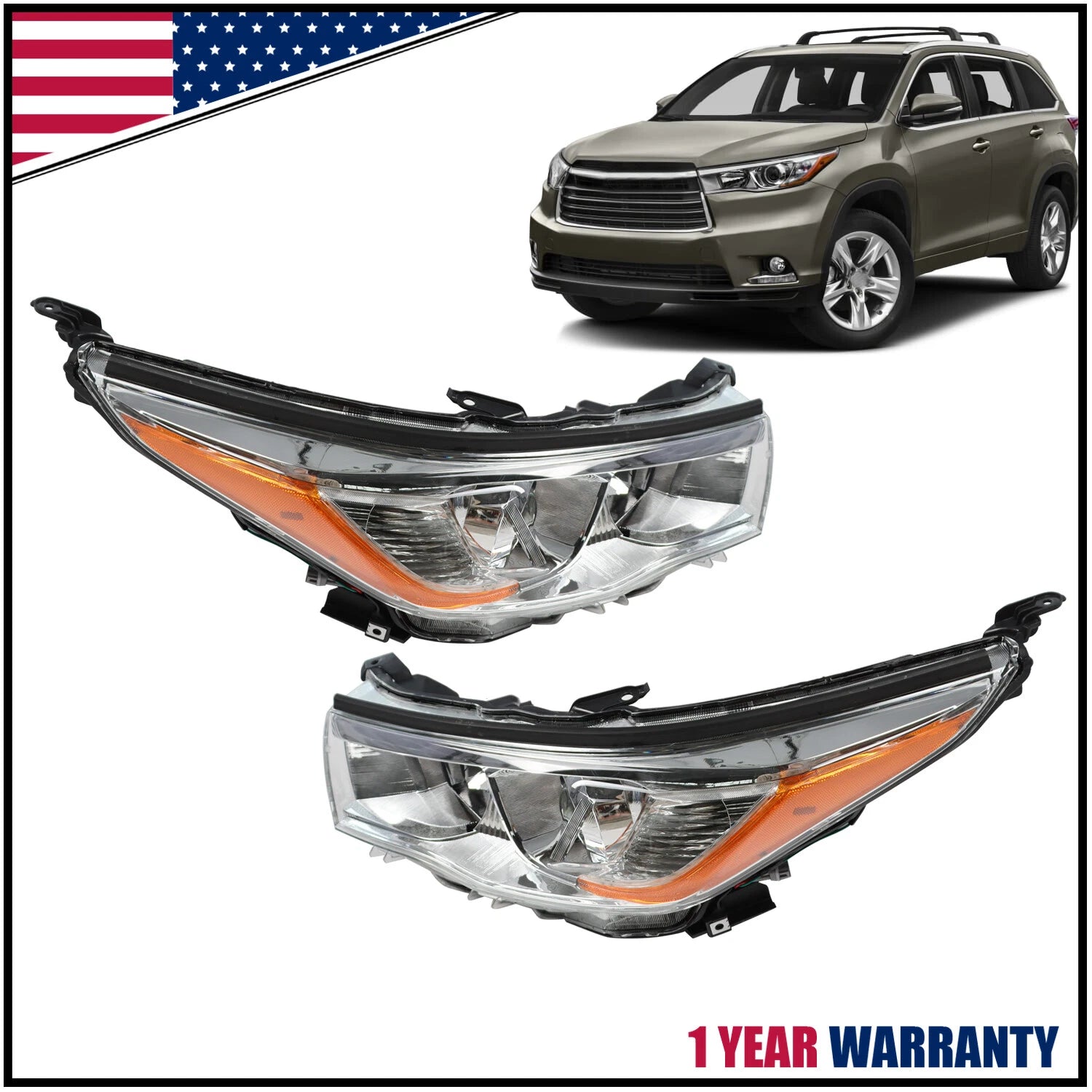 Set of 2 Projector Headlights for Toyota Highlander (2014–2016)