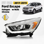 Driver Halogen Headlight for Ford Escape (2017–2019) LH with LED DRL, Chrome