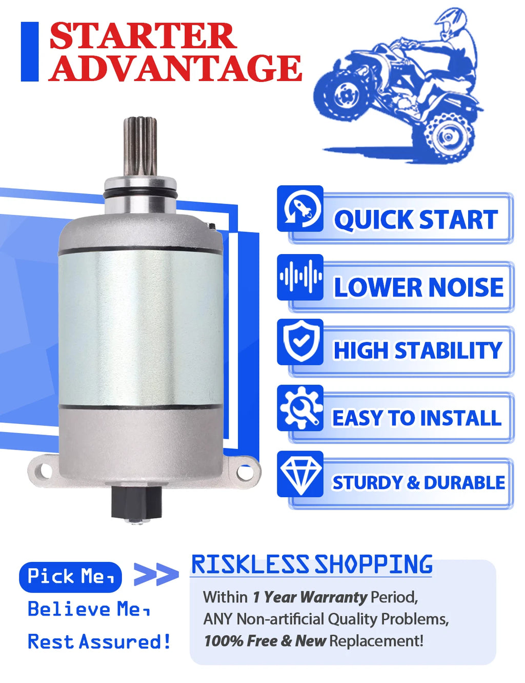 Starter Motor for Yamaha Grizzly 550 (2009–2014) with Relay & Ignition Key Switch