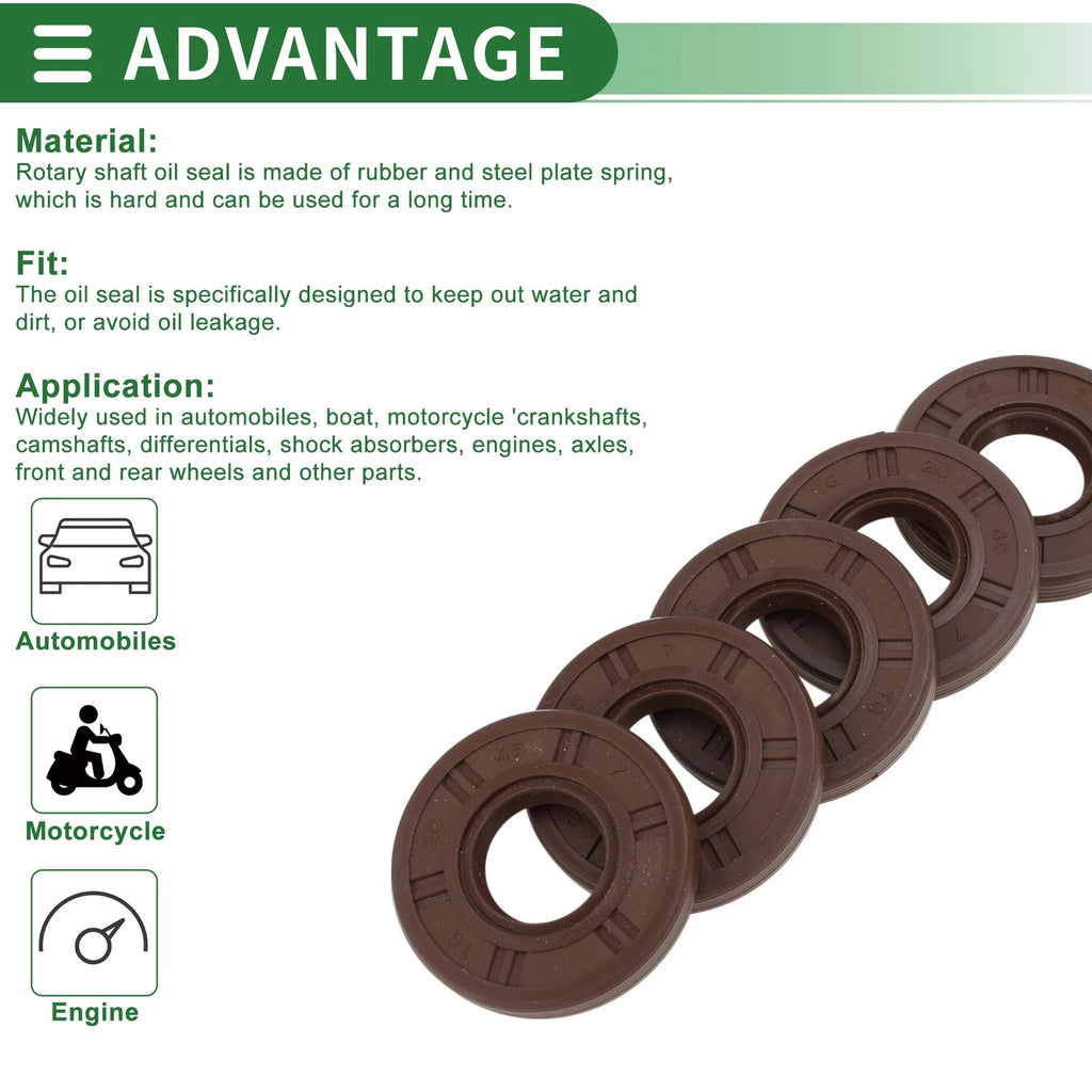 Set of 5 Oil Seals FKM Rubber 20x45x7mm for Various Applications