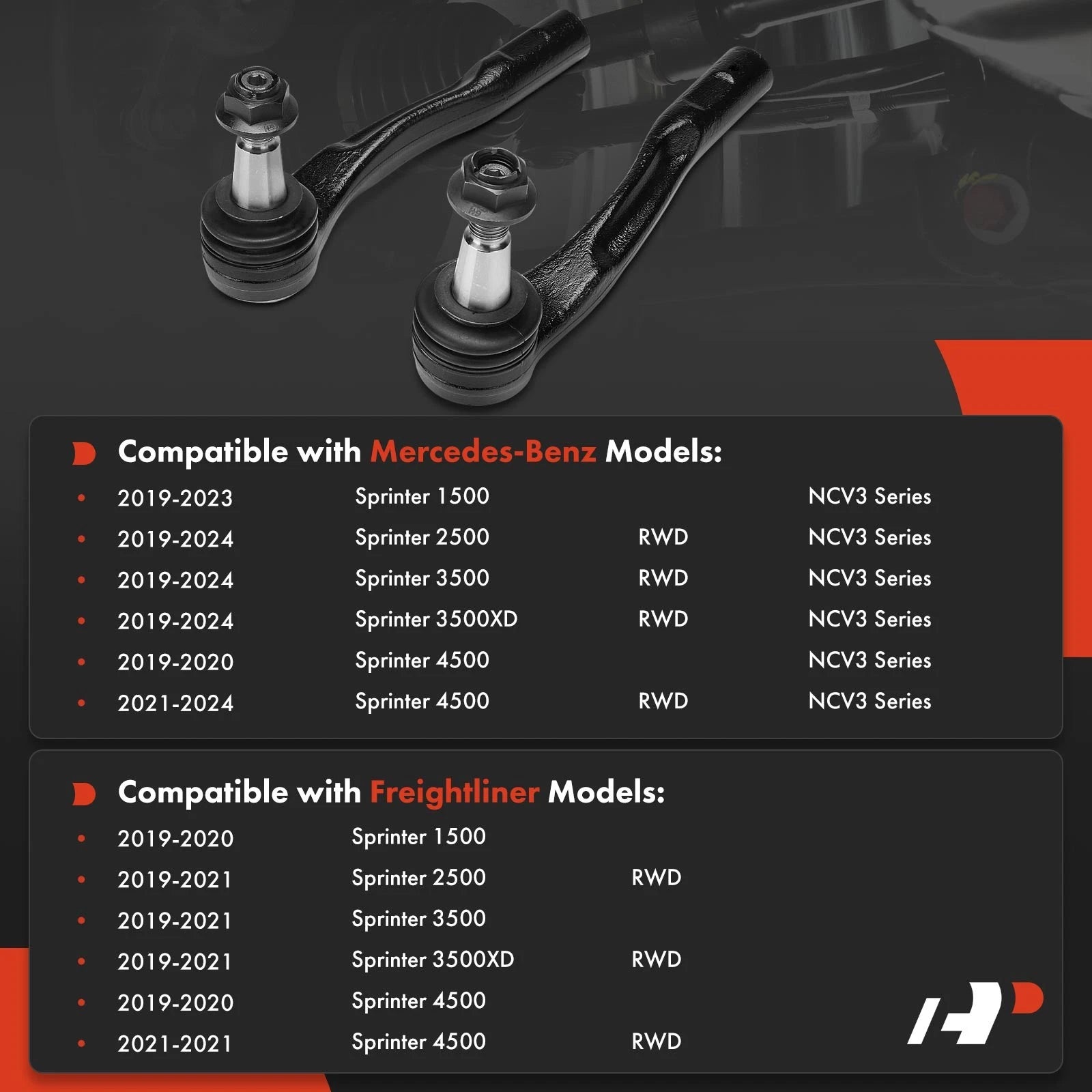 2X Front Outer Tie Rod Ends for Mercedes-Benz Sprinter 1500 (2019-2023)