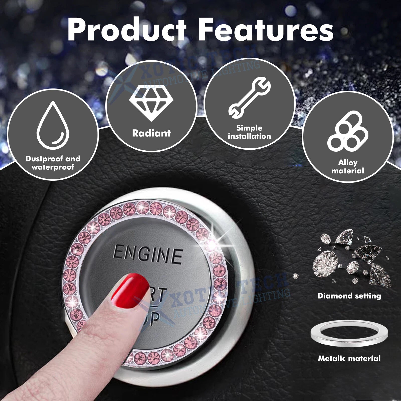 Sparkly Pink Push Start Button Decorative Ring Sticker Combo Kit for Universal Fit (2020-2024)