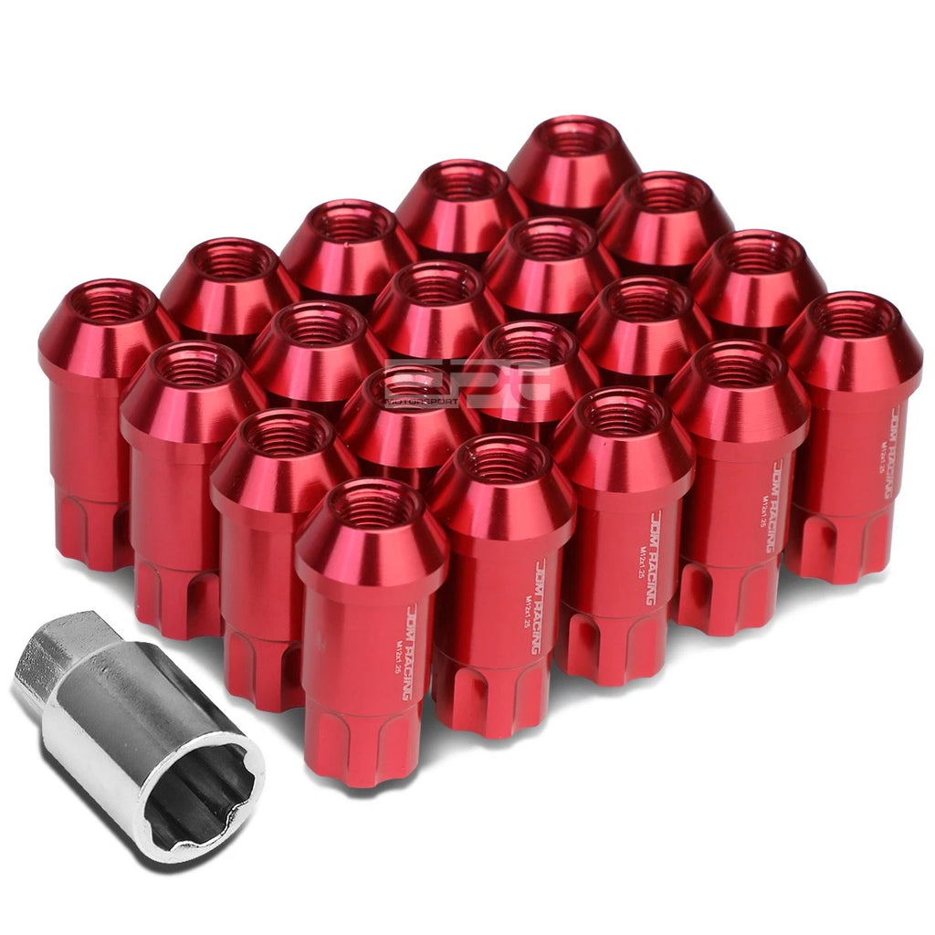 20 Pcs Open End M12x1.25 50mm Tall Red Aluminum Lug Nuts + Lock Key