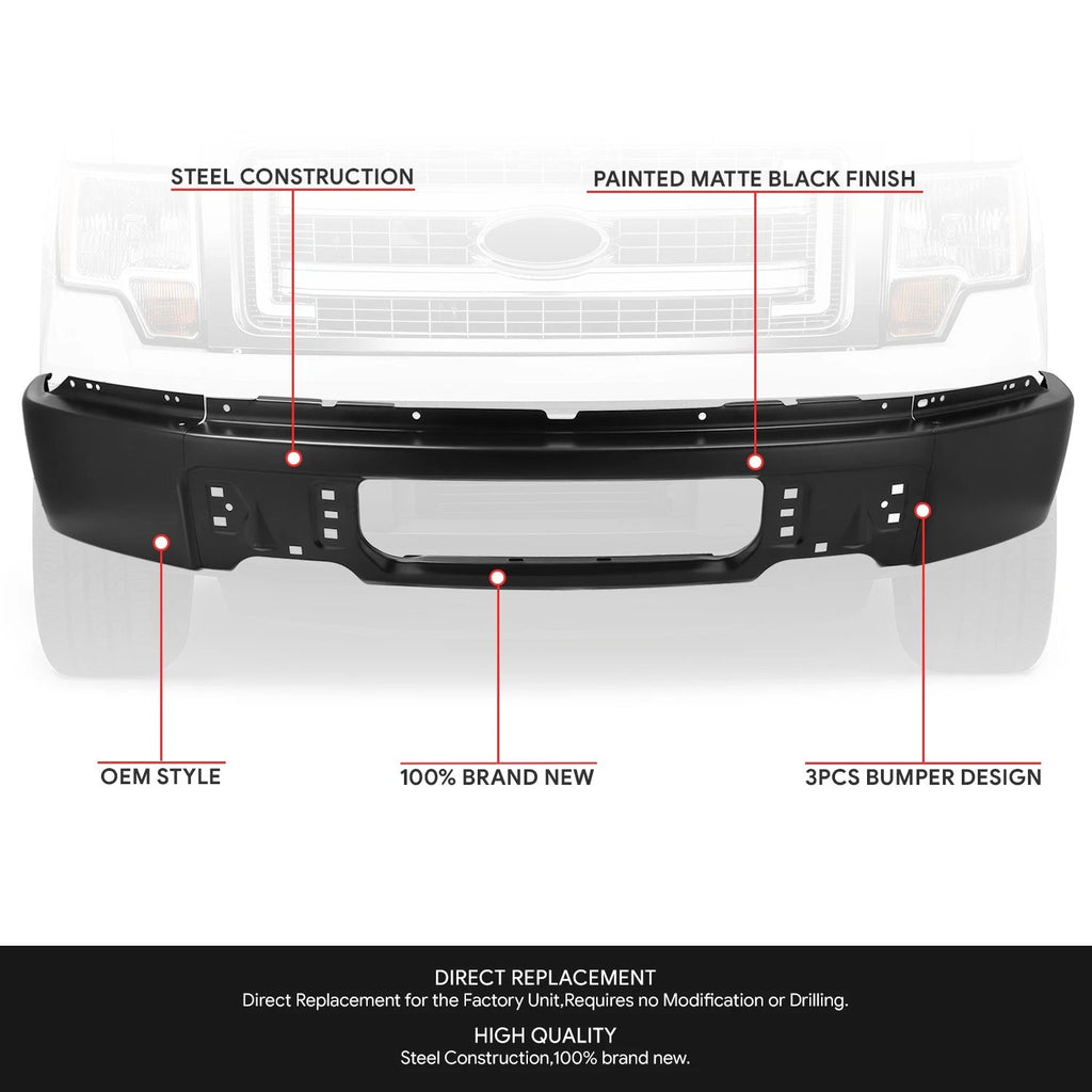Front Bumper Face Bar for Ford F-150 (2009–2014) Matte Black w/o Fog Light Cutouts