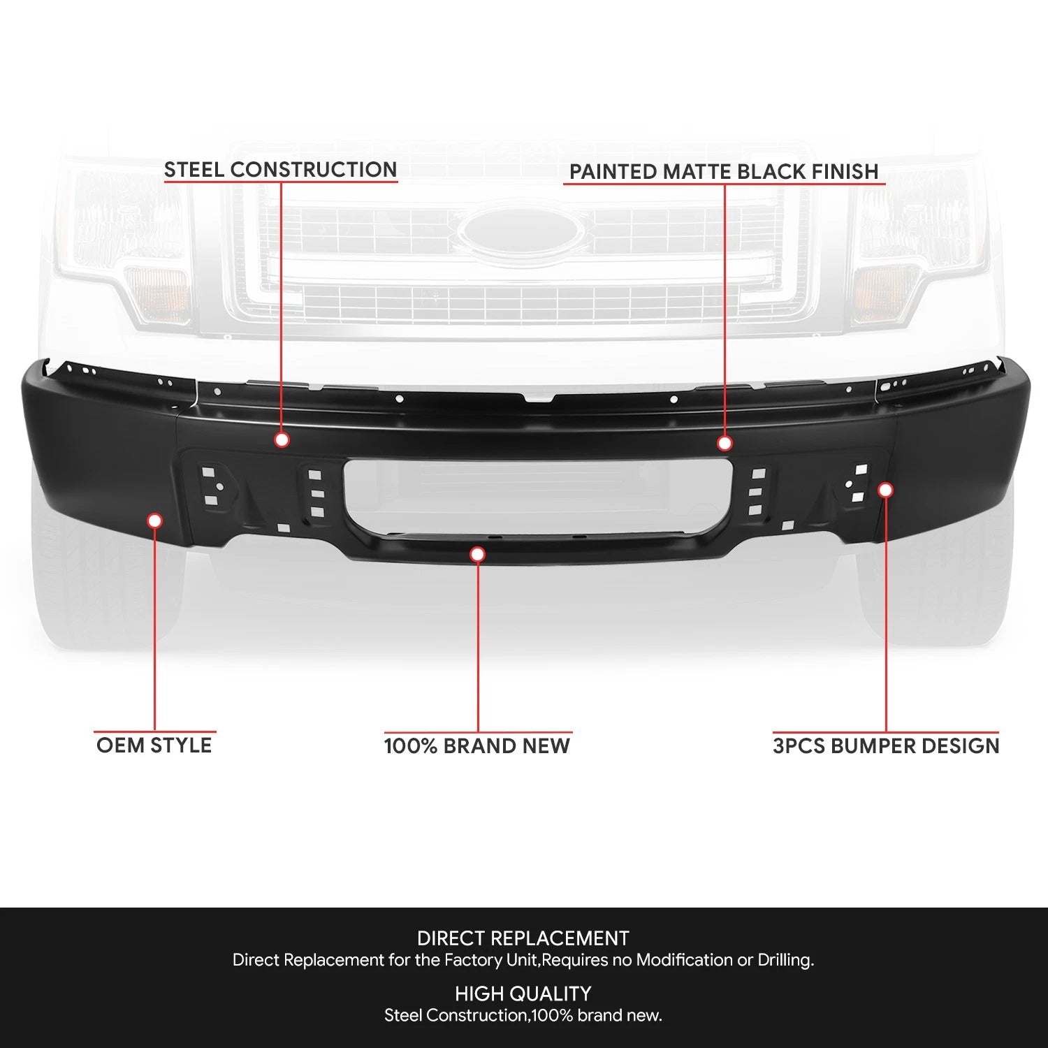 Front Bumper Face Bar for Ford F-150 (2009–2014) Matte Black w/o Fog Light Cutouts